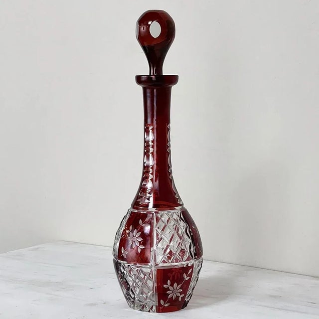 Antique Cranberry Glass Hand-Cut Crystal Decanter For Sale - Image 4 of 13