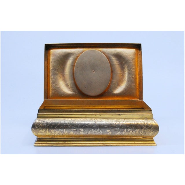 Gold-Plated Silver Jewelry Box with Engraved Plant Motifs and Enameled Lady Portrait, in Good conditions. Designed 1920 to...