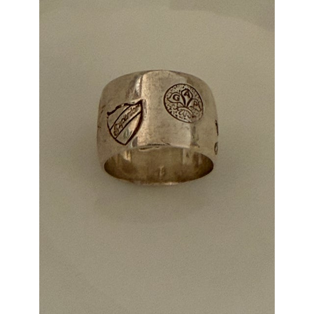 Arts & Crafts Vintage Gold-Tone Sterling Silver Wide-Band Ring Featuring Engraved Crown, Star, Etc. And Mark of Turkey Inside the Ring For Sale - Image 3 of 5