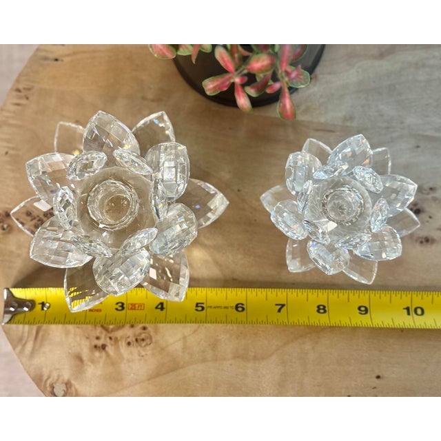 Swarovski Crystal Water Lily Lotus Flower Candle Holders (Set of 2, One Large, One Small) For Sale - Image 9 of 11