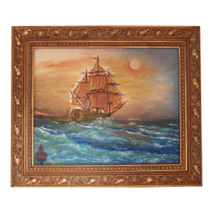 Original Oil Painting on Canvas, Seascape, Ship, Sunset, Signed S.Graff, Coa