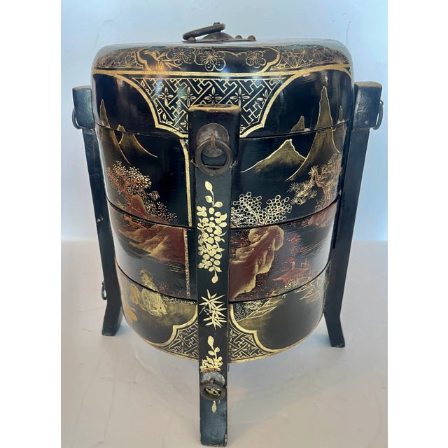 Chinese Qing Dynasty Chinese Black and Gold Lacquer Multi-Tiered Wedding Box For Sale - Image 3 of 18