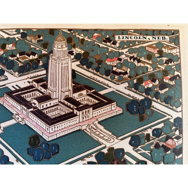 Paper Mid 20th Century Aerial View of Lincoln Nebraska Signed Art Print For Sale - Image 7 of 11