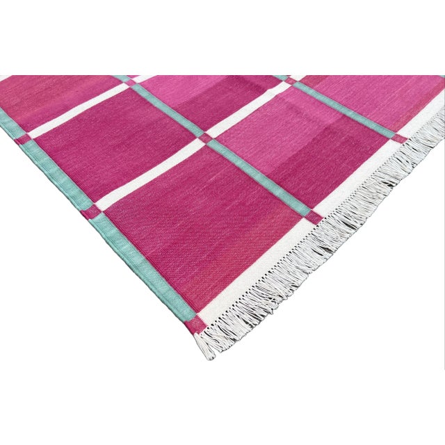 Not Yet Made - Made To Order Handmade Cotton Natural Vegetable Dyed Raspberry Pink Cream & Green Windowpane Checked Rug - 8'x10' For Sale - Image 5 of 10