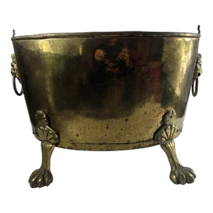 Mid 19th Century Oval Brass Footed Lions Head Handle Cauldron/Fire Box/Planter with Copper Nails