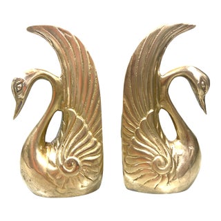 Vintage Art Deco Brass Swan Bookends - a Pair For Sale
