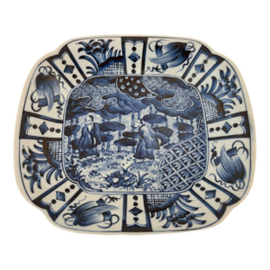 Asian Blue and White Kraak Ceramic Plate Vintage Chinese Export 1950s