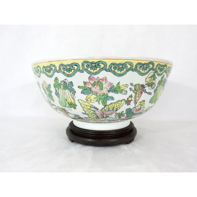 Large Chinese White and Yellow Famille Rose Butterfly Porcelain Bowl & Carved Rosewood Stand For Sale - Image 4 of 13