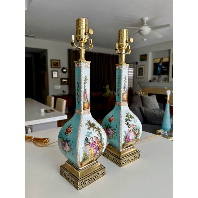 Pair of late 19th century Helena Wolfsohn Augustus Rex club Dresden (Meisen style) porcelain lamps. The lamp was converted...
