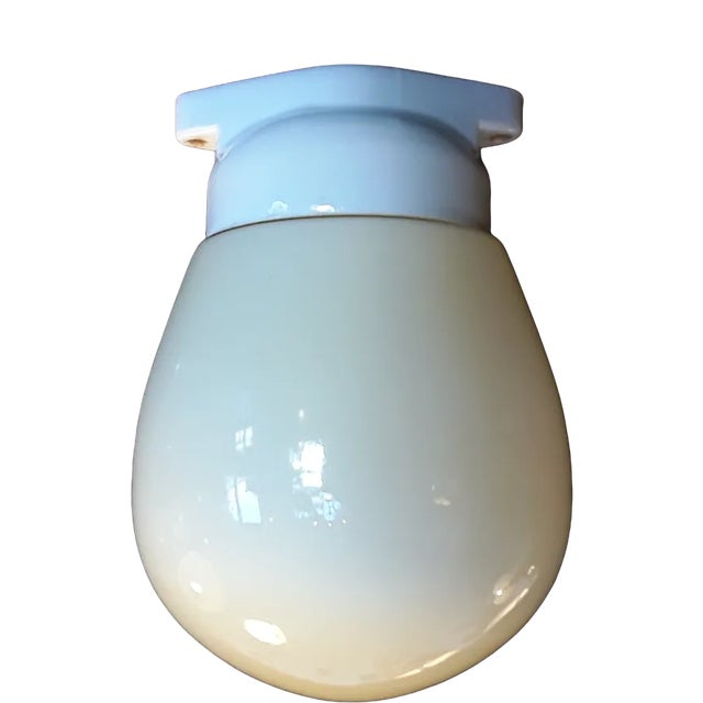 Vintage Mid-Century Egg Shaped White Porcelain Mount and Cream-Colored Opaque Glass Umbrella Ceiling Lamp, 1950s For Sale