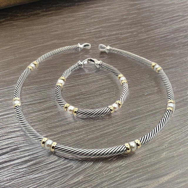 1990s 1990s David Yurman Authentic Estate Pearl Necklace 17" + Bracelet Set 7.5" Silver Gold For Sale - Image 5 of 9