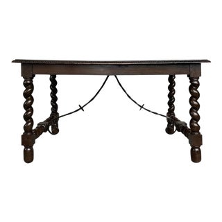 19th Spanish Baroque Walnut Solomonic Leg Fratino Dining Table With Iron Stretcher For Sale