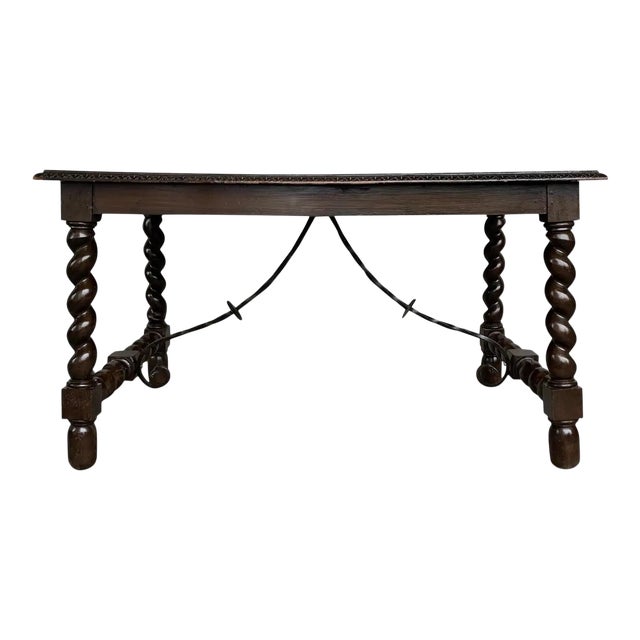 19th Spanish Baroque Walnut Solomonic Leg Fratino Dining Table With Iron Stretcher For Sale