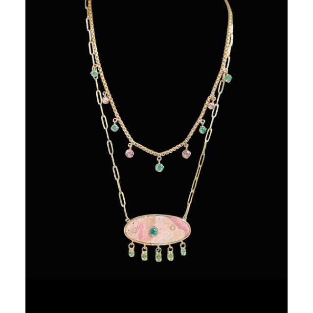 Rhodochrosite Necklace With Emeralds & Diamonds on Large 14k Gold Paperclip Chain For Sale - Image 9 of 10