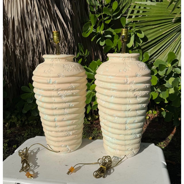 Vintage Sculptural Ribbed Plaster Table Lamps, a Pair For Sale - Image 10 of 12