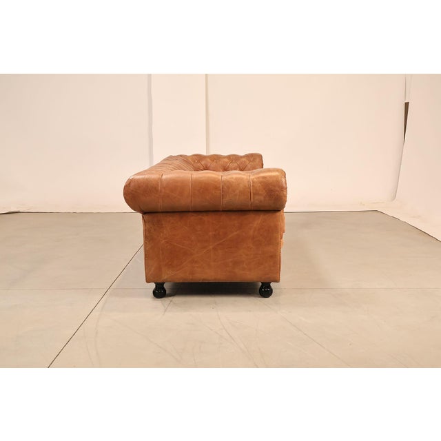 Chesterfield Style 7 Foot Distressed Brown Tufted Leather Sofa For Sale - Image 14 of 17