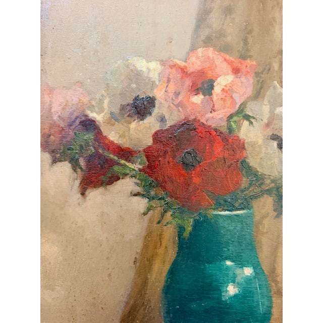 Wood Bouquet of Anemones, Oil Painting on Panel, Signed Charles Martin-Sauvaigo 1966 For Sale - Image 7 of 12