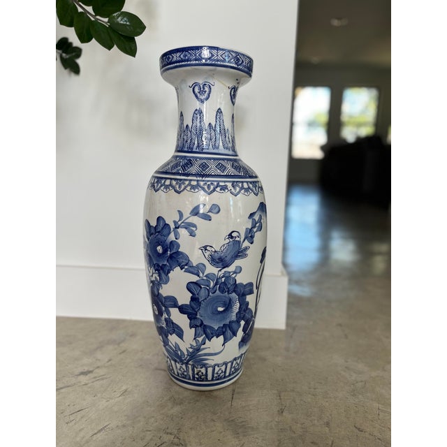 Chinoiserie Vintage Hand-Painted Chinoiserie Floor Vase With Blue & White Floral and Avian Motif For Sale - Image 3 of 12