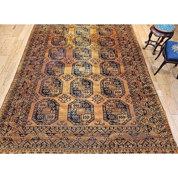 Vintage Afghan Ersari Rug, Hand-Knotted Wool, Allover Geometric Design, Camelhair & Navy, 9’ X 13’ For Sale In Chicago - Image 6 of 12