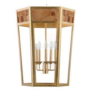 Matthew Izzo Home Reynolds Burlwood and Brass 5 Light Hexagon Chandelier For Sale