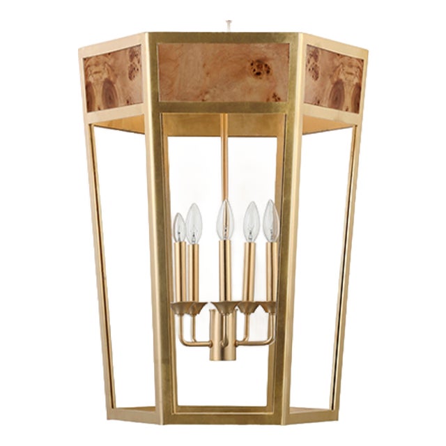 Matthew Izzo Home Reynolds Burlwood and Brass 5 Light Hexagon Chandelier For Sale