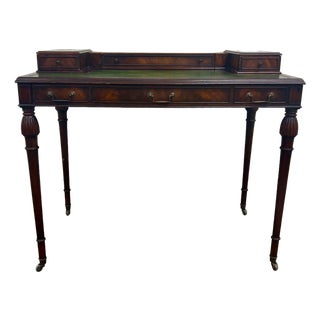 Vintage Georgian Style Office Library Writing Desk With Tooled Green Leather For Sale