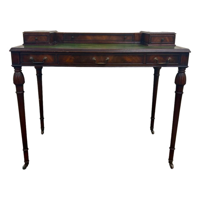 Vintage Georgian Style Office Library Writing Desk With Tooled Green Leather For Sale