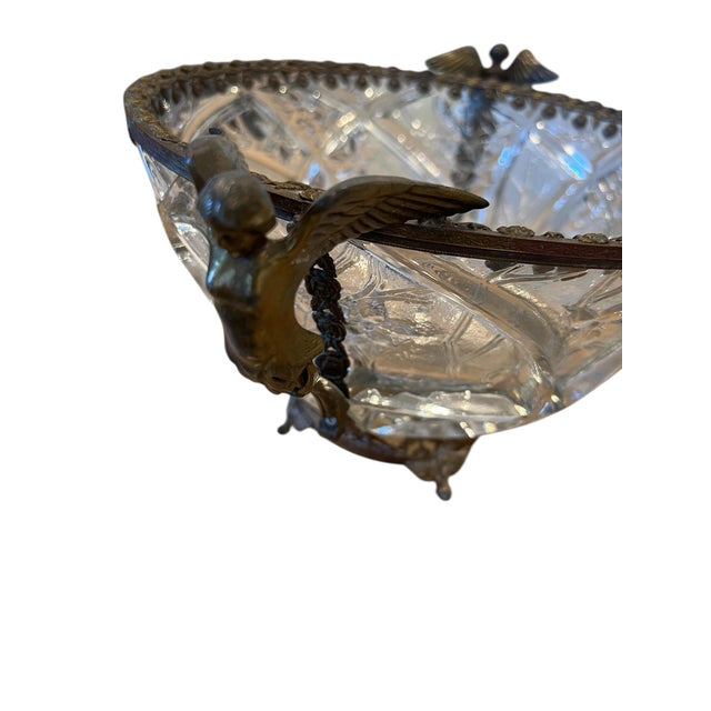 Beautiful Antique Art Nouveau Clear Cut Centerpiece Crystal Glass Bowl Winged Angels Brass Footed c. 1915 7" High x 11"...