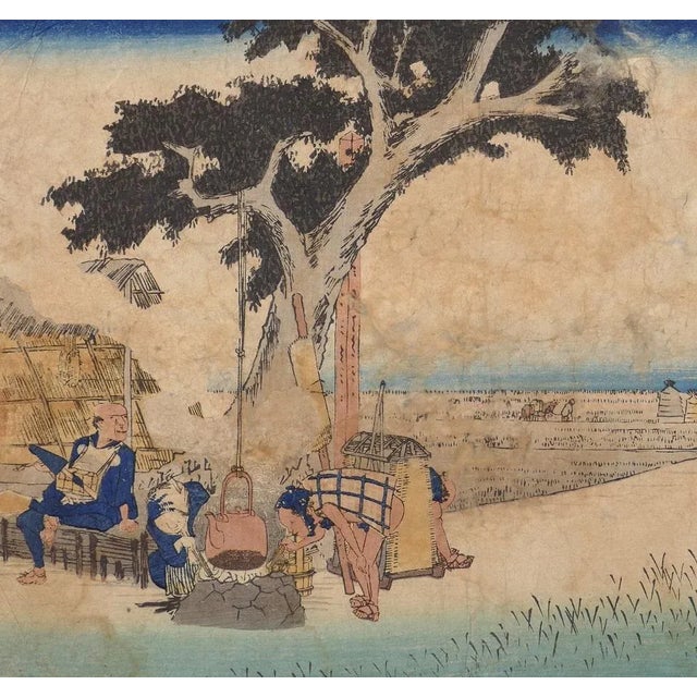 Fukuroi Dejaya No Zu (An Outdoor Tea Stall at Fukuroi), is a beautiful color woodblock print on paper, the plate n. 28...