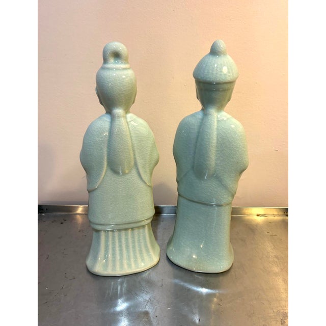 Maitland - Smith Maitland-Smith Celadon Ceramic Asian Figurines / Statues Set of Two For Sale - Image 4 of 7