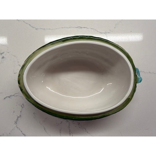 Yellow Vintage Italian Majolica Melon Tureen With Lid Hand Painted Ceramic Serving Bowl with Turquoise Vine & Leaf Detail For Sale - Image 8 of 8
