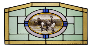 Art Deco Stained Glass Panel Depicting Early Football Scene, Belgium, 1910s