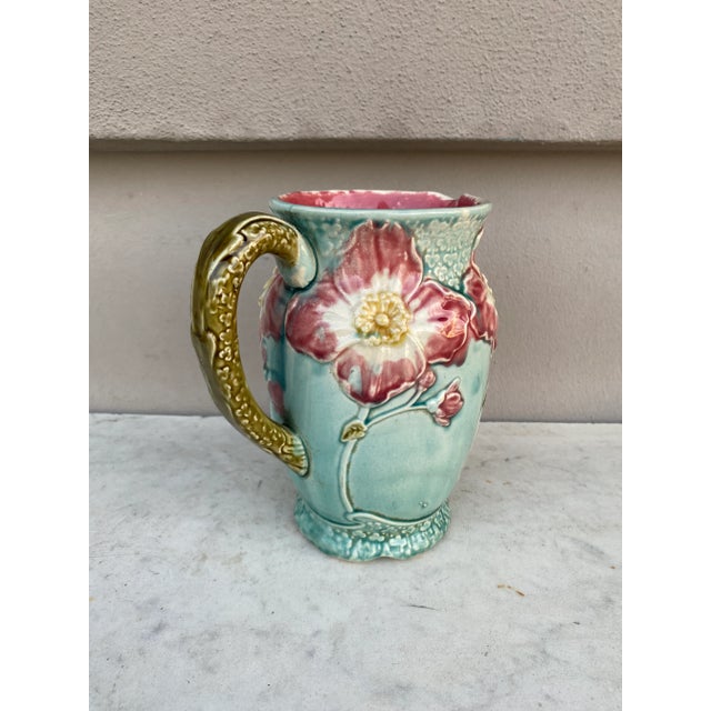 French Country French Majolica Wild Rose Pitcher Fives Lille, Circa 1900 For Sale - Image 3 of 7