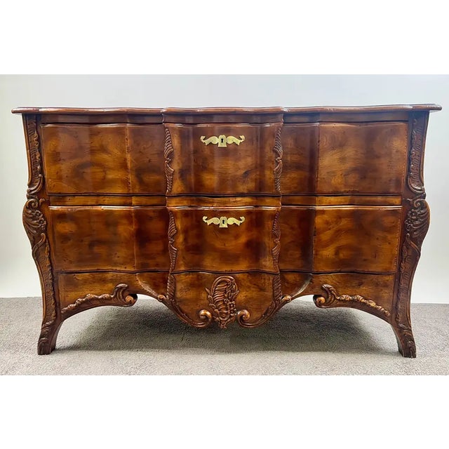 John Widdicomb French Provincial Bombé Serpentine Walnut Commode or Dresser, Signed A handsome French Provincial Louis XV-...
