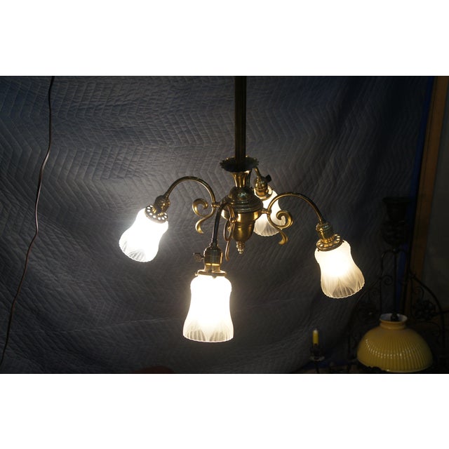 Antique Victorian Brass 4 Light Parlor Pendant Light Chandelier 28" For Sale - Image 14 of 14