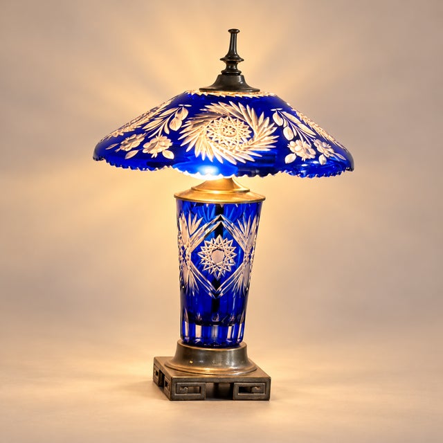 1970s Pair of Cobalt Blue Cut-Glass Table Lamps With Floral Shades For Sale - Image 5 of 11