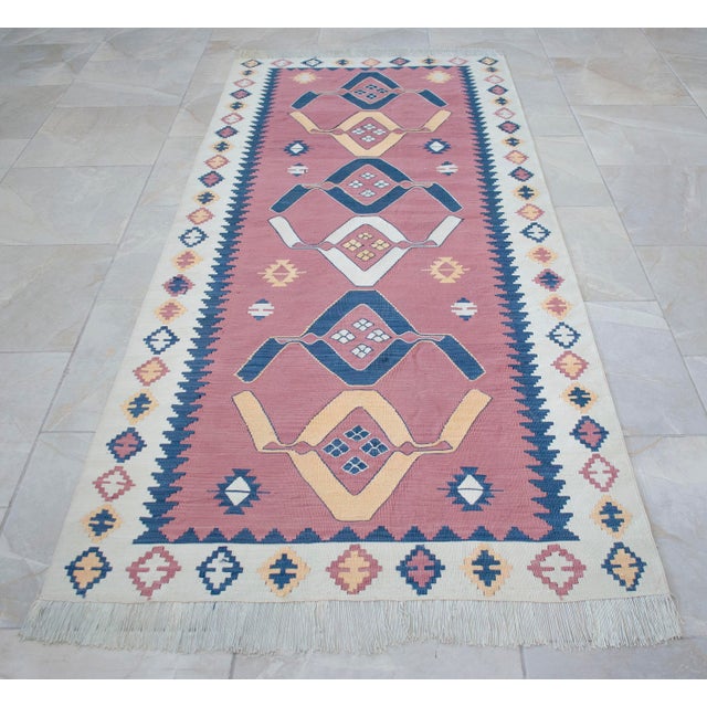3x7 Pink Navy Silk Kilim, Modern Turkish Flatweave Runner, Handwoven Entryway Corridor Rug, Geometric Tribal Runner For Sale - Image 15 of 18