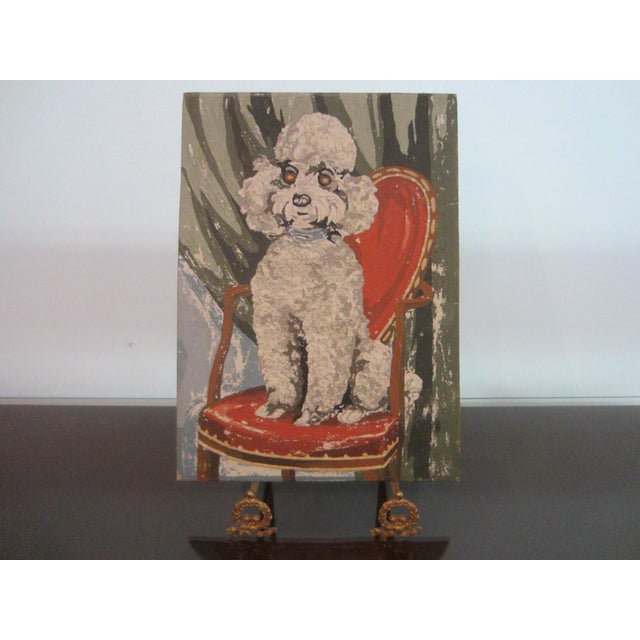 Red Seated White Poodle on Red Chair Gouache Framed Oil on Paper For Sale - Image 8 of 8