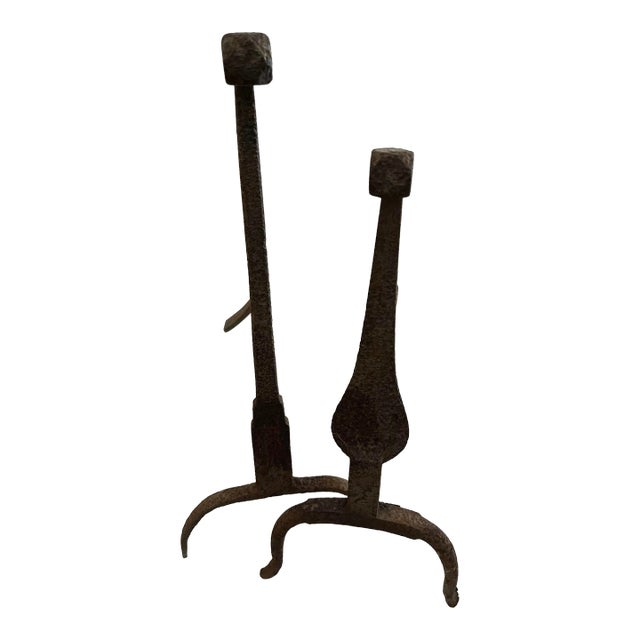 Early 20th Century Rustic Uneven Pair of Hand Wrought Iron Andirons From Upstate New York Estate For Sale