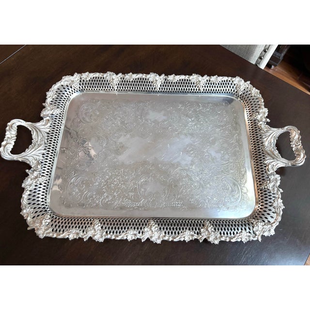 Gorgeous Antique William Adams English Sheffield Silverplate Grape Motif 26.5"x17" Tray. Pierced design with leaf handles....