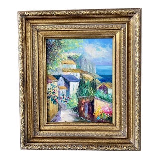 Mid- Century Framed Vintage Mediterranean Coastal Village Oil Painting For Sale