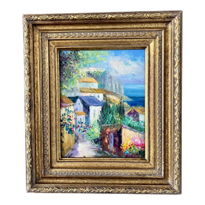 Mid- Century Framed Vintage Mediterranean Coastal Village Oil Painting