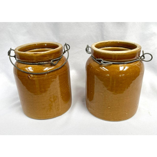 Antique Glazed French Crocks With Metal Carriers - a Pair For Sale - Image 4 of 9