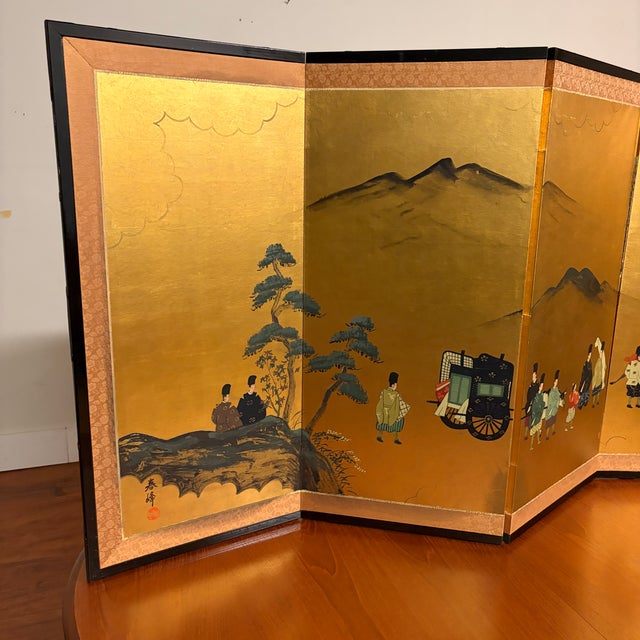 Japanese Japanese Four Panel Byōbu Folding Screen With Court Procession Scene For Sale - Image 3 of 18