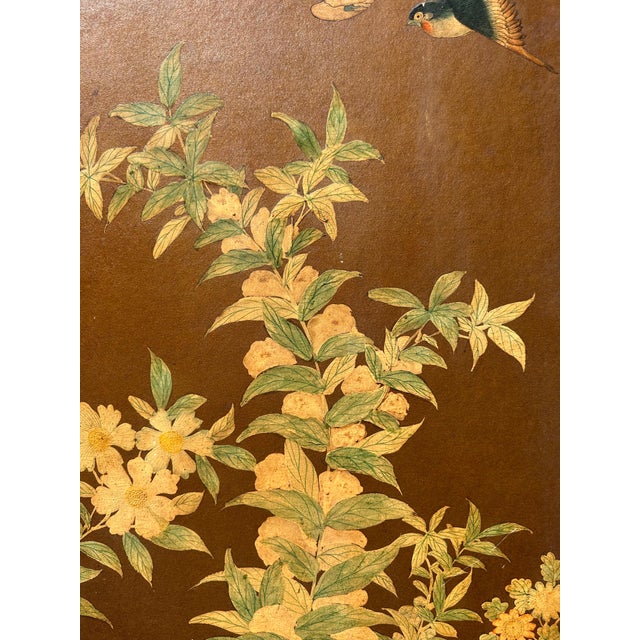 Brown Antique Chinese Qing Dynasty Hand-Painted Silk Wallpaper Folding Screen – 4 Panel Chinoiserie For Sale - Image 8 of 11
