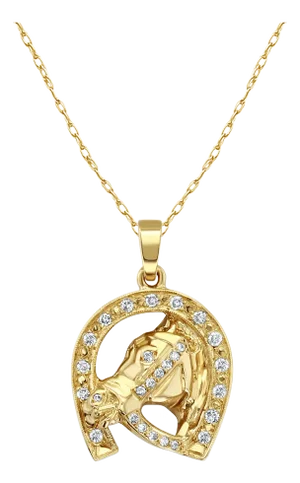 Diamond Horseshoe Horse Head Necklace .55cttw 14k Yellow Gold