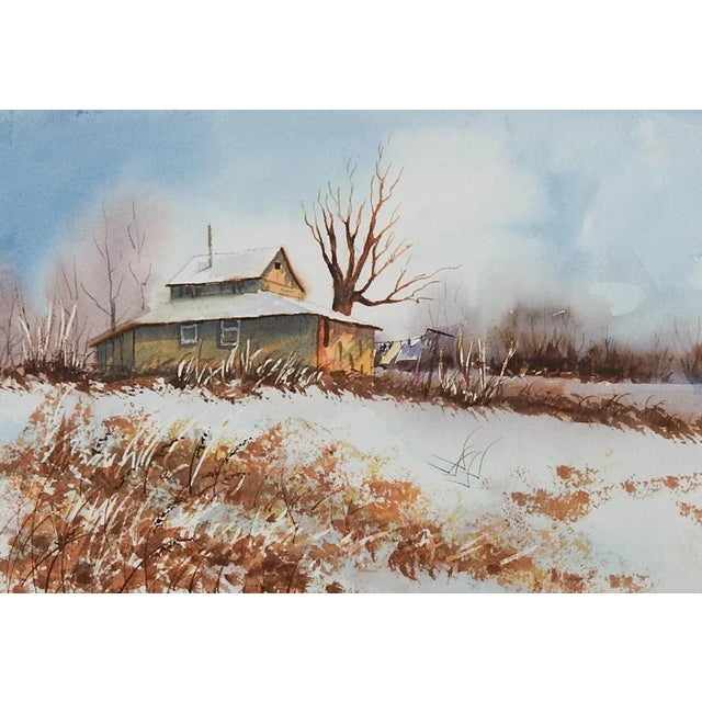 Vingtage late 20th century watercolor on paper double sided painting. One side is a snowy winter landscape the other is a...