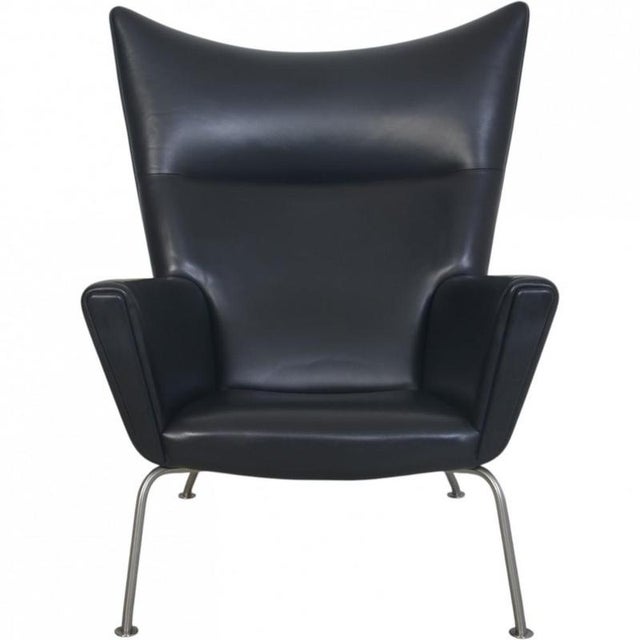 Vintage CH445 Wing Chair in Black Leather by Hans Wegner, 1990s For Sale - Image 11 of 11