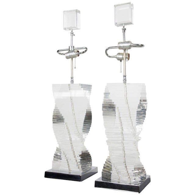 Stacked Lucite Helix Table Lamps - a Pair For Sale