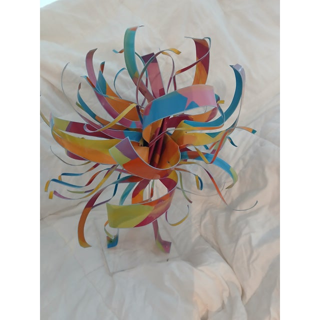 1980s Dorothy Gillespie Signed Polychrome Metal Ribbon Sculpture on Lucite Base For Sale - Image 4 of 5